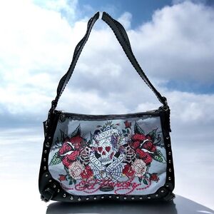 NWT ED HARDY Love Kills Slowly Roses Skull  Rhinestone Denim Hobo  Bag 17"x12"